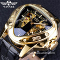 Vencedor da marca de luxo Steampunk Fashion Triangle Golden Skeleton Movement Mysterious Men Relógio de pulso mecânico automático